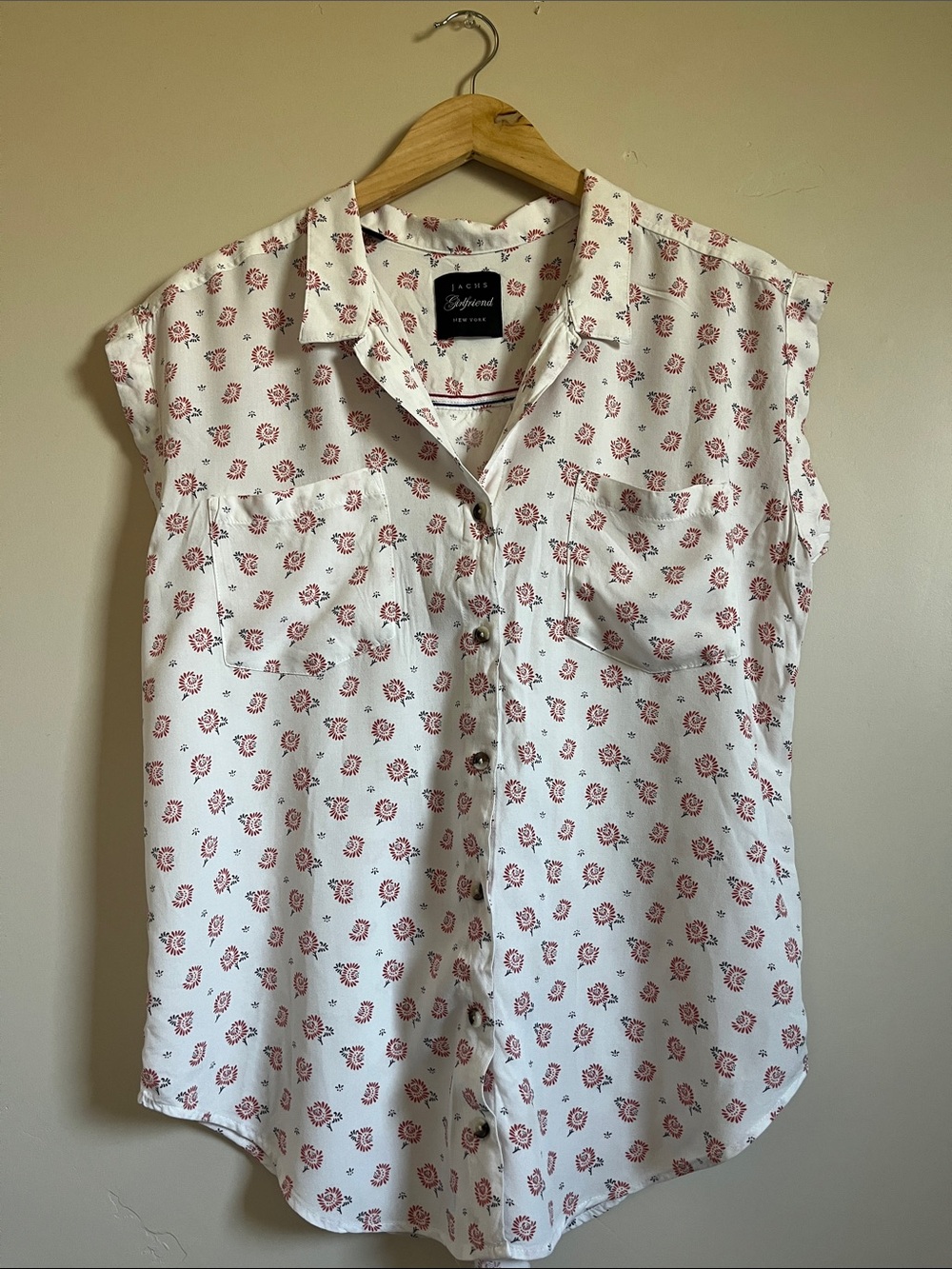 JACHS Girlfriend White Cap-Sleeve Button-Down Shirt with Red Floral Motif